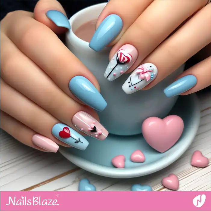 Baby Blue and Baby Pink Candy Nails for Valentine | Valentine Nails - NB2286
